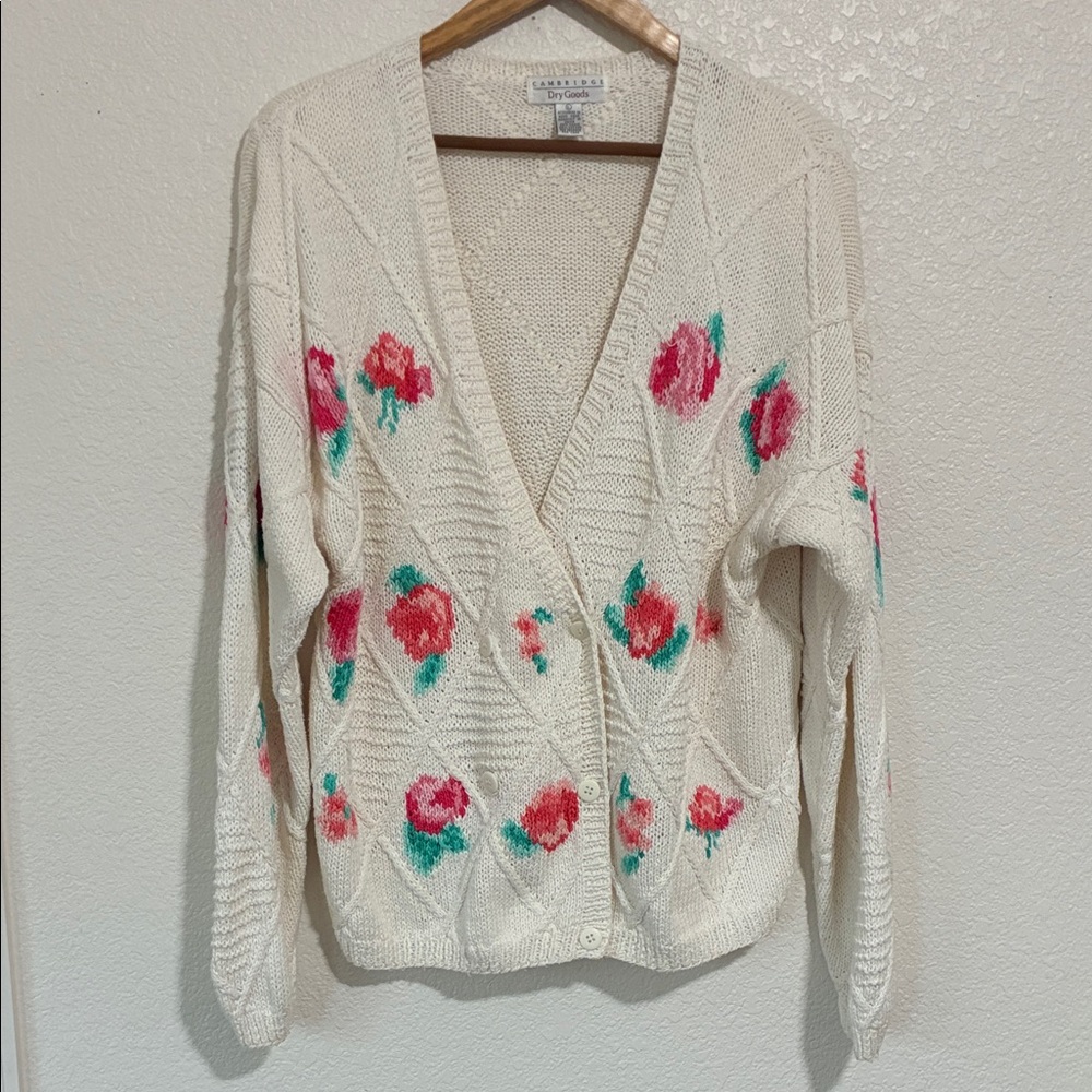 Cambridge Dry Goods Cream Cardigan with Pink and Green Floral Design